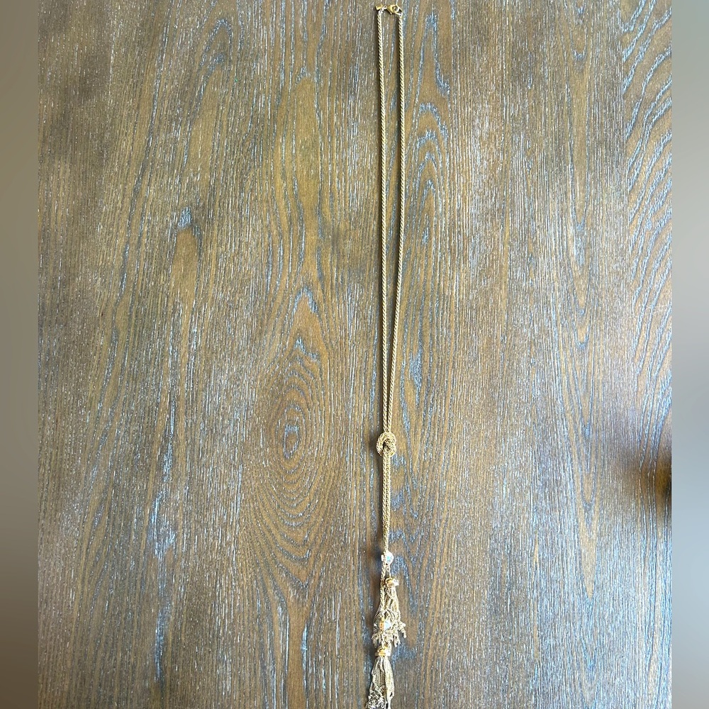 Long gold lariat pendant necklace